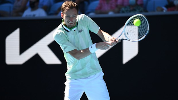 Daniil Medvedev of Russia in action during his match against Maxime Cressy 