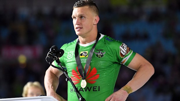 Jack Wighton of the Raiders speaks after being presented the Clive Churchill medal during the 2019 NRL Grand Final between the Canberra Raiders and the Sydney Roosters 