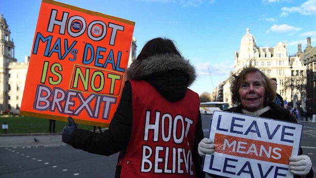 Brexiteers protest Theresa May's latest Brexit deal.
