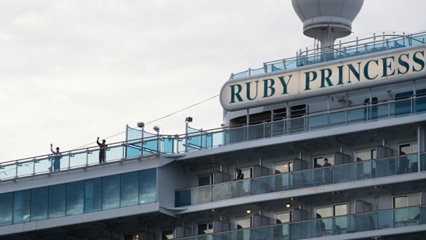 The Ruby Princess departing Port Kembla, NSW, with its remaining crew on April 23. 