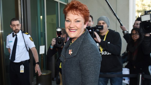 One Nation Senator Pauline Hanson arrives at Parliament House in Canberra