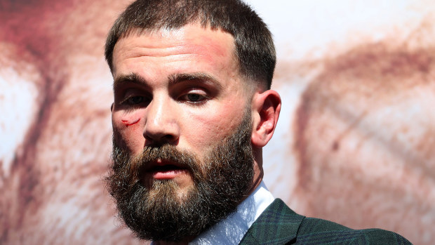 Caleb Plant with a cut under his eye after a face-off with Canelo Alvarez.