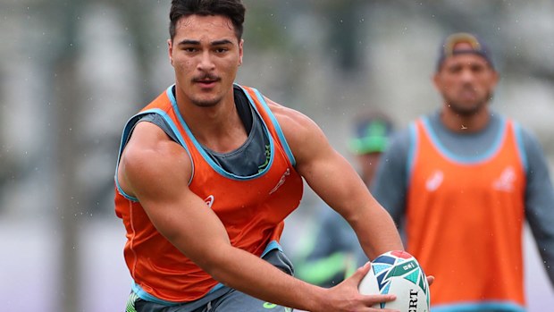 Jordan Petaia of Australia makes a break during a training session at Matsuoka Ground