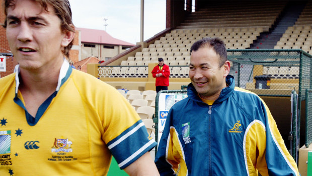 Former Wallabies coach Eddie Jones with Matt Rogers