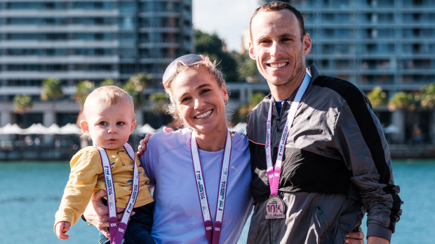 Genevieve and Ryan Gregson with their baby boy Archer following a Sydney fun run in July.