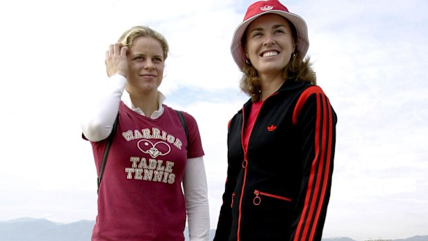 Kim Clijsters and Martina Hingis on November 8, 2003 in Santa Monica, California