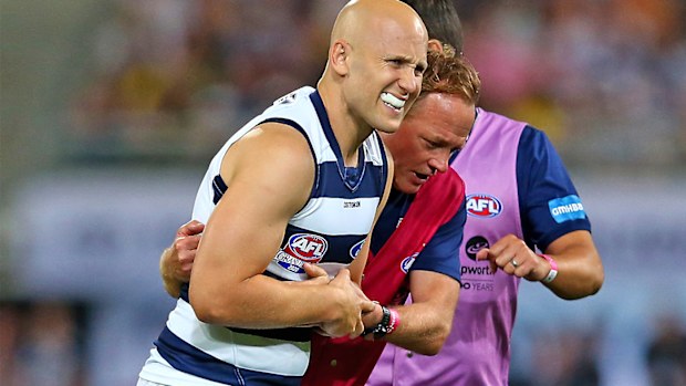Gary Ablett of the Cats is injured during the 2020 AFL Grand Final match