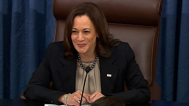 Vice President Kamala Harris presiding over the vote to confirm Ketanji Brown Jackson to the Supreme Court.