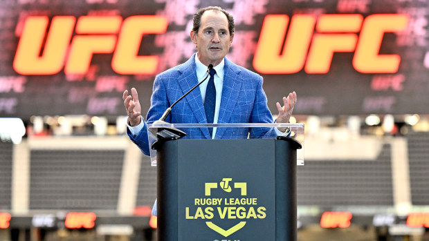 UFC COO Lawrence Epstein speaks during the National Rugby League – Vegas Promo Tour at Allegiant Stadium on December 12, 2023 in Las Vegas, Nevada. Allegiant Stadium will host 10 NRL matches kicking off with a season-opening double-header next March. (Photo by David Becker/Getty Images for NRL)