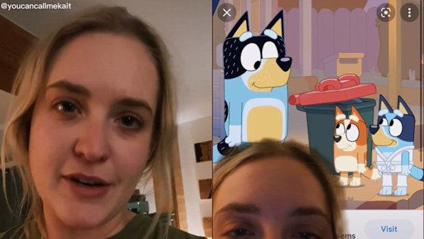Left: Mum looking into camera, Right: green screen background of Bluey episode with bins