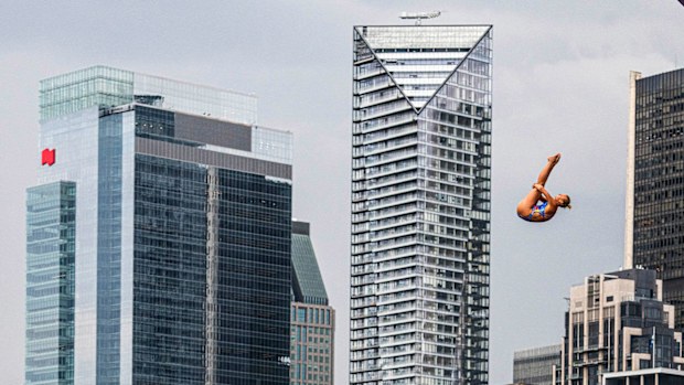 Rhiannan Iffland plummeting through the air in Montreal, Canada.