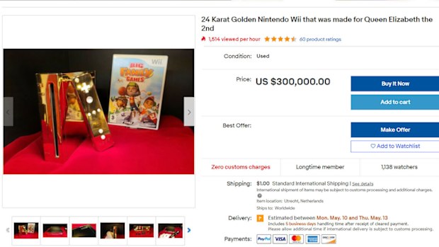 Gold-plated Nintendo Wii listing on eBay