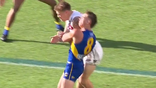 Jordan De Goey is facing a multiple-game suspension over this high hit on Eagles teenager Elijah Hewett