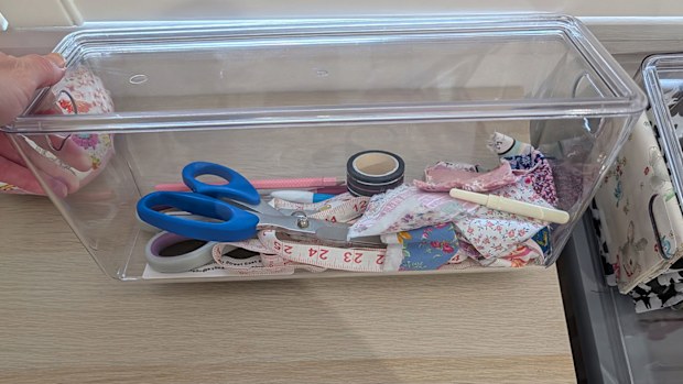 Sewing room storage makeover with Kmart's smooth and shiny plastic tubs