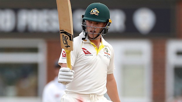 Marcus Harris celebrates after reaching his half century during day one of the Tour Match between Derbyshire CCC and Australia