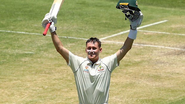 Marnus Labuschagne celebrates his maiden Test century