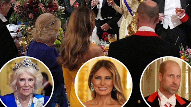 Melania Trump with members of the British royal family at the State Banquet in Windsor Castle, England, on day one of U.S. President Donald Trump and First Lady Melania Trump's second state visit to the UK, Wednesday Sept. 17, 2025. 