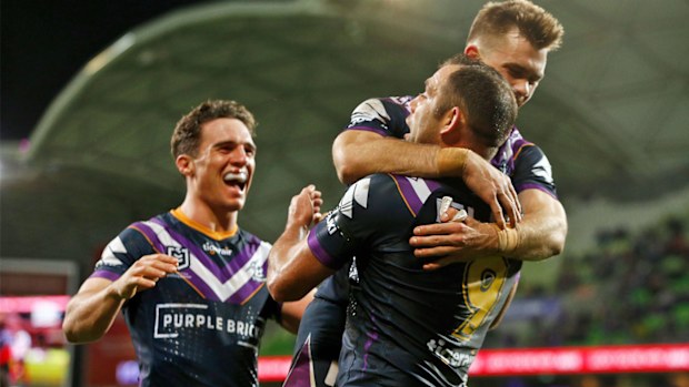 Storm players celebrate what they thought was a record breaking Cam Smith try