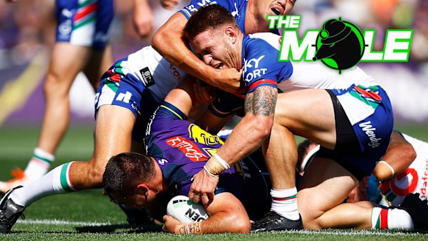 The Melbourne Storm's Brandon Smith scores a try during his NRL Trial match against the Warriors.