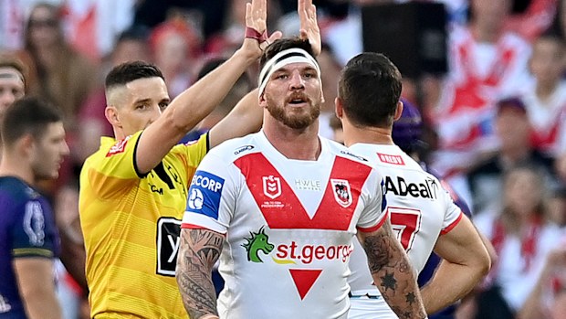 Josh McGuire of the Dragons is sent to the sin bin during the round 10 NRL match between the Melbourne Storm and the St George Illawarra Dragons at Suncorp Stadium, on May 16, 2021, in Brisbane, Australia.