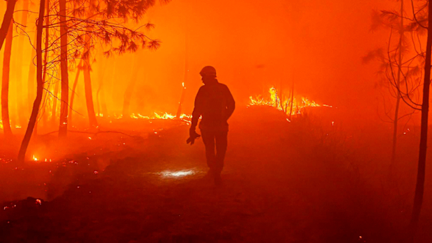 This photo provided by the fire brigade of the Gironde region (SDIS 33) shows firefighters fighting wildfire near Landiras, southwestern France, Sunday July 17, 2022. 