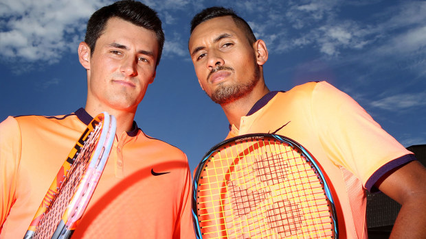  Australian Tennis Internationals Bernard Tomic Nick Kygrios pose for a photograph at Sydney Convention & Exhibition Centre during media prelude for the 'Fast Four' Tennis Tournament on January 9, 2017 in Sydney, Australia. (Photo by James Alcock/Fairfax Media)