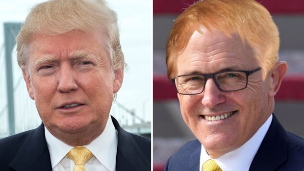 US President Donald Trump and a digitally altered photo of what Prime Minister Malcolm Turnbull may soon look like if his metamorphosis continues.