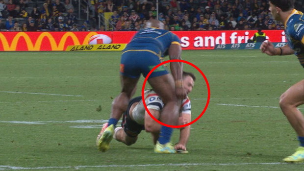 James Tedesco was ruled out of the remainder of the Eels clash after this collision with Maika Sivo's knee.