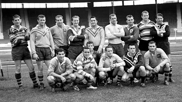 The Australia squad for their 1963-64 tour: (back row, l-r) Paul Quinn, Brian Hambly, Dick Thornett, John Raper, Ian Walsh, Ken Thornett, Peter Dimond, Peter Gallagher, Noel Kelly; (front row, l-r) Ken Irvine, Jim Lisle, Graeme Langlands, Barry Muir, Earl Harrison, Reg Gasnier
