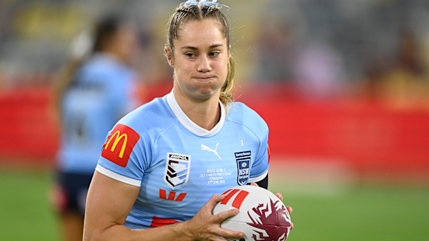 Kezie Apps of the Blues warms up before the start of game two of the Women's State of Origin series.