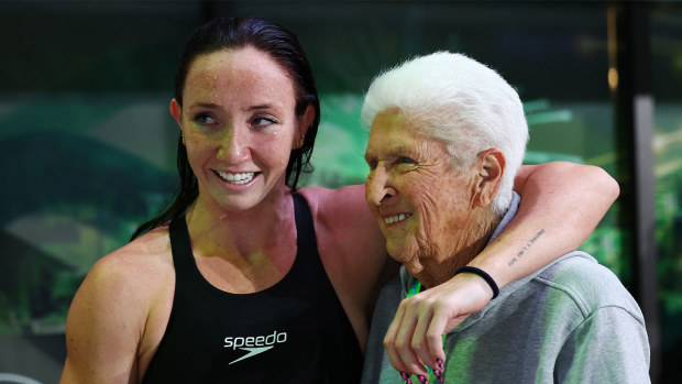 Lani Pallister pictured at the trials with her godmother, Australian swimming royalty Dawn Fraser.