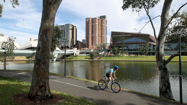 A man cyclists rides along the Torrens River on November 20, 2020 in Adelaide, Australia