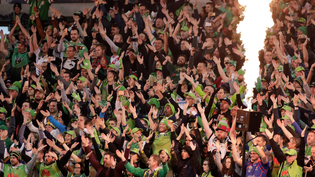 Raiders fans perform their Viking clap during 2019 NRL finals match between the Canberra Raiders and South Sydney Rabbitohs at GIO Stadium.