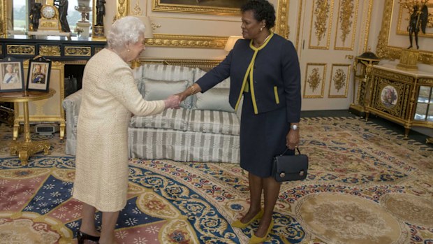 The Queen receives Governor-General of Barbados Sandra Mason during a private audience at Buckingham Palace in 2018
