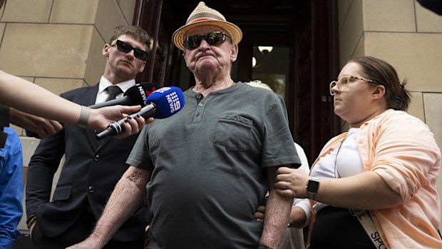 Phillip Crossthwaite (centre), father of victim Cindy Crossthwaite, speaks to media outside of the Supreme Court of Victoria.