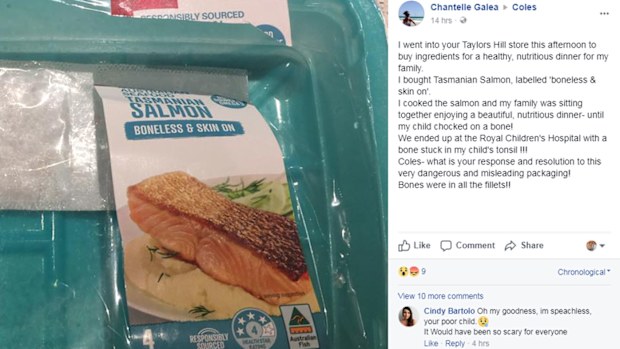 Chantelle Galea's Facebook post, including a photo of the packet of 'boneless' Salmon (Facebook).