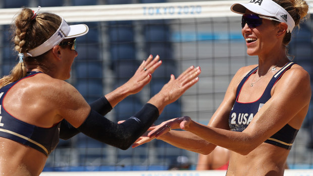 April Ross #1 of Team United States and Alix Klineman #2 celebrate after defeating Team Switzerland during the Women's Semifinal beach volleyball on day thirteen of the Tokyo 2020 Olympic Games at Shiokaze Park on August 05, 2021 in Tokyo, Japan. (Photo by Sean M. Haffey/Getty Images)
