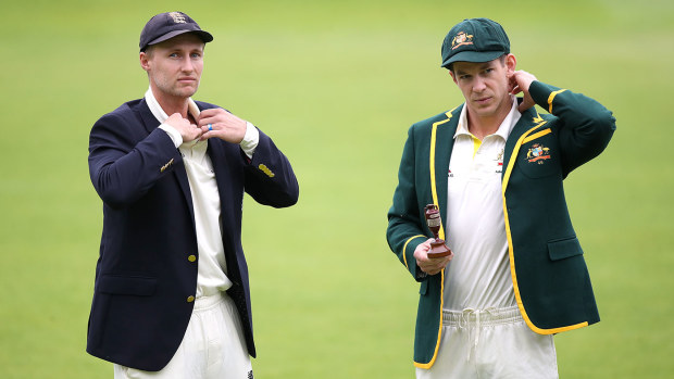 England captain Joe Root (left) and Australia captain Tim Paine before posing for photographs during the nets session at Edgbaston, Birmingham. (Photo by Nick Potts/PA Images via Getty Images)