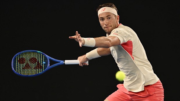 Casper Ruud of Norway shapes for a forehand in the first round of the 2025 Australian Open.