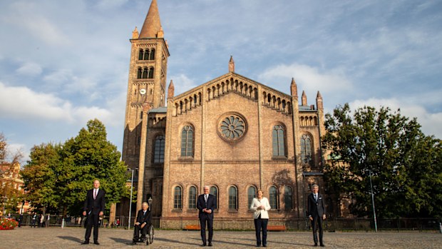 Dietmar Woidke, President of the Federal Council, Wolfgang Schaeuble, President of German Bundestag, German President Frank-Walter Steinmeier, German Chancellor Angela Merkel, Stephan Harbarth, President of Federal Constitutional Court, during an Ecumenical church service to mark the 30th anniversary of German reunification on October 03, 2020 in Potsdam, Germany