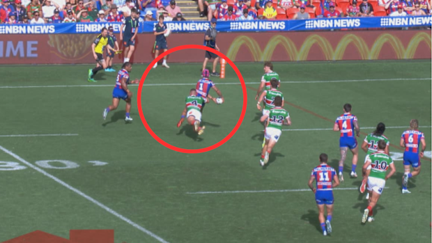 Jack Wighton winces after tackling Kalyn Ponga.