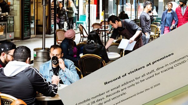 Coronavirus sign in sheet inset with a generic still of people at a cafe.