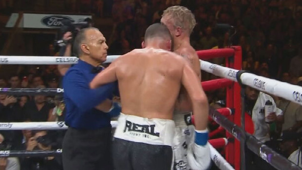 The referee was forced to intervene after Nate DIaz headbutted Jake Paul to end the eighth round