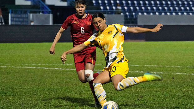 Sam Kerr of Australia in action during the Women's Olympic Football Tournament Play-Off 2nd Leg between Vietnam and the Matildas
