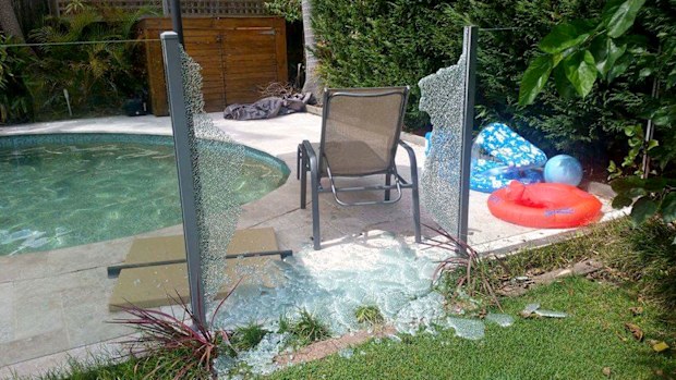 Sydney mum Lauren Stern's glass pool fence 'exploded' during the heatwave in Sydney today. (Supplied)