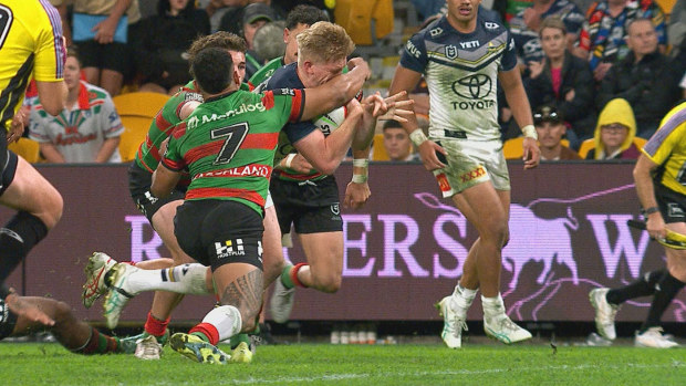 Dion Teaupa was sent for 10 minutes in the sinbin and the Cowboys awarded a possible eight-point try after this high hit on Tom Dearden.