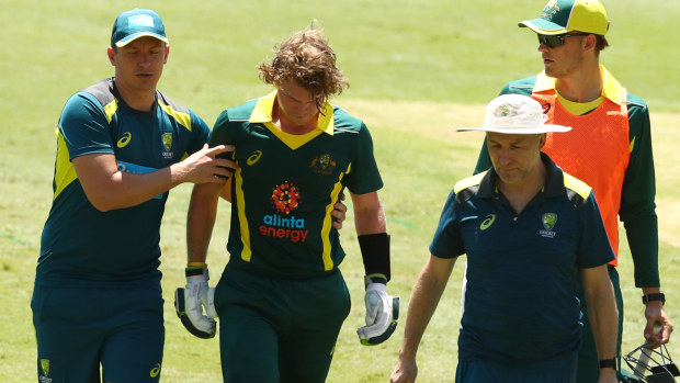 Will Pucovski of Australia XI retires hurt during the tour match 