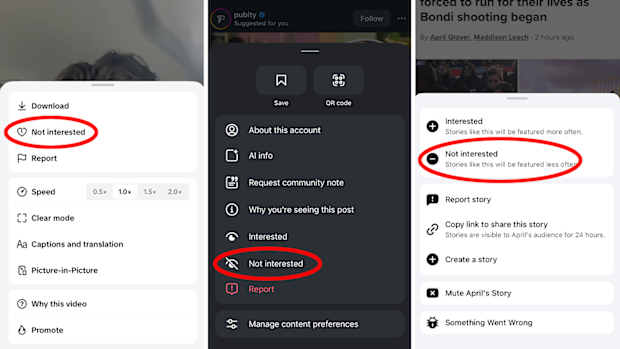 Users can mark themselves as 'not interested' in videos about the Bondi shooting to reduce how much they see.