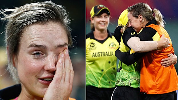 Ellyse Perry of Australia shows her emotions after Australia claimed victory during the ICC Women's T20 Cricket World Cup Semi Final