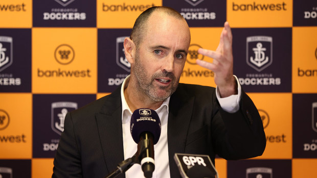 Simon Garlick (CEO - Fremantle Dockers) addresses the media during a Fremantle Dockers AFL media opportunity to announce Bankwest as the clubs new co-major partner at Bathers Beach on October 21, 2022 in Fremantle, Australia. (Photo by Paul Kane/AFL Photos/via Getty Images)